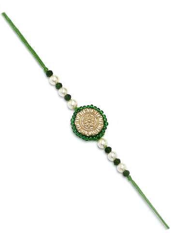 Karatcart Gold Plated Green Crystal Floral Kundan Bhiya Rakhi with Roli & Chawal