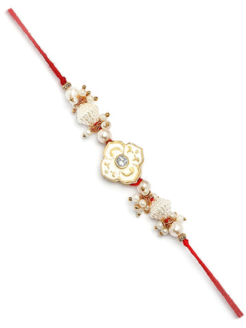 Karatcart Gold Plated White Meena Floral Kundan Bhiya Rakhi with Roli & Chawal
