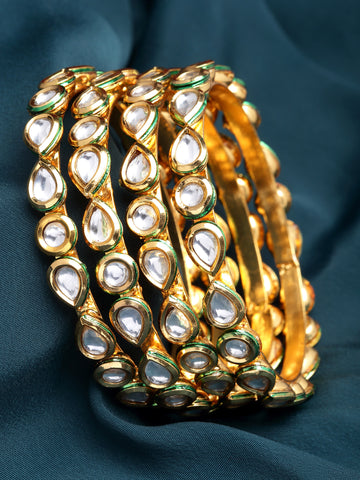 Karatcart Set of 4 Gold Plated Round and Drop Shape Polki Kundan Studded Bangles for Women