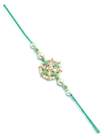 Karatcart Gold Plated Light Blue Beads Floral Kundan Bhiya Bhabhi Rakhi with Roli & Chawal