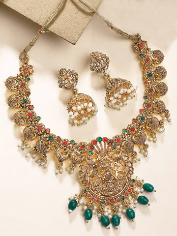 KARATCART Traditional Gold-Plated Green Laxmi Mata and Peacock Temple Jewellery Set for Women