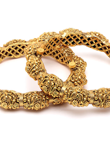 Karatcart Set of 2 Rajwadi Antique Gold Plated Temple Bangles for Women