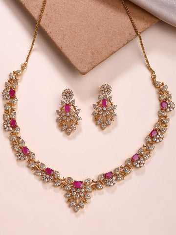 KARATCART Designer Gold-Plated Red American Diamond Floral Jewellery Set for Women