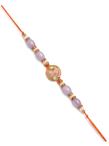 Karatcart Gold Plated Pink Meena Purple Beads Floral Kundan Bhiya Bhabhi Rakhi with Roli & Chawal