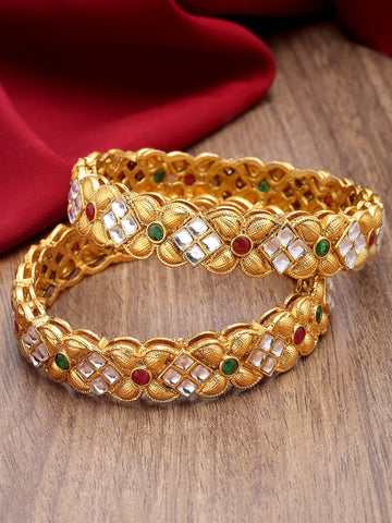 Karatcart Antique Gold Plated Floral Design Multicolor Stone Studded Bangles for Women