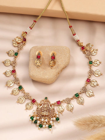 Karatcart Green Beads Engraved Coin Design Laxmi Mata Necklace Set for Women