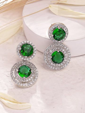 Karatcart Elegant Silver-Tone Round Green American Diamond Drop Earrings for Women