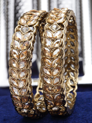 Karatcart Golden Kundan Studded Set of 2 Antique Gold Plated Bangles for Women