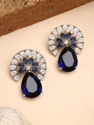 Karatcart Elegant Floral Design Blue American Diamond Stud Earrings for Women
