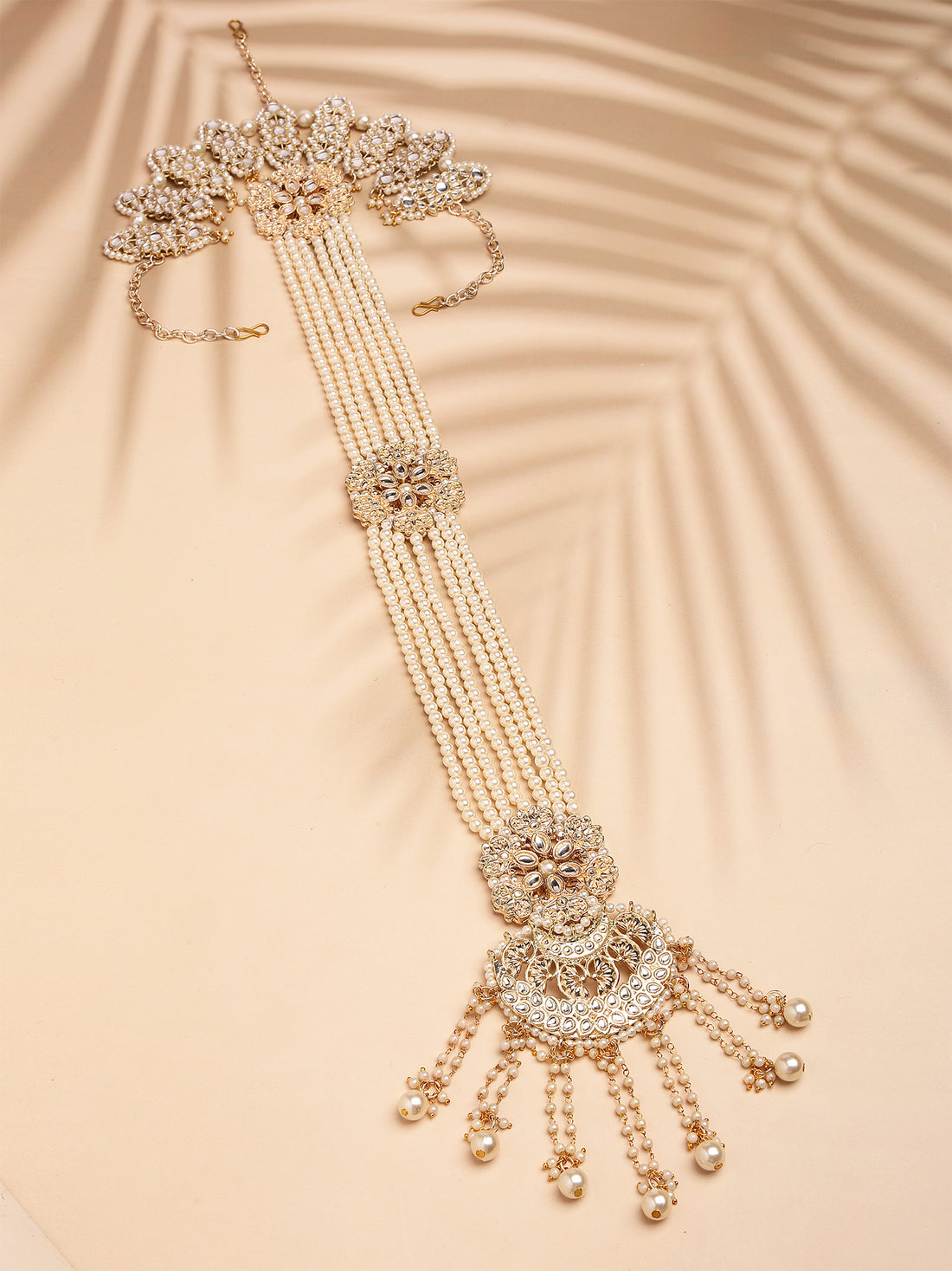 Karatcart Gold Plated Ethnic White Pearl and Kundan Juda Styles Hair Choti for Women