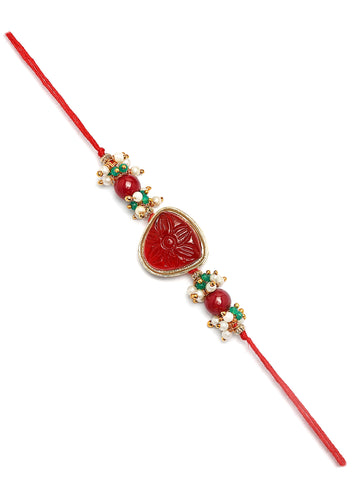 Karatcart Gold Plated Red Carved Stone Kundan Bhiya Rakhi with Roli & Chawal