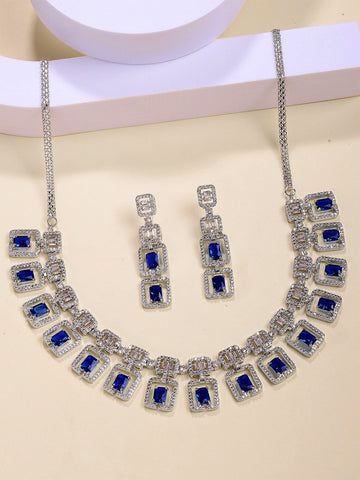 Karatcart Dazzling Silver Plated Blue Square American Diamond Necklace Set for Women