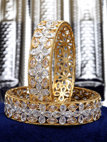 Karatcart Set of 2 Gold Plated White Cubic Zirconia Studded Bangles Set for Women