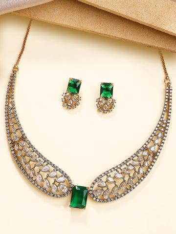 KARATCART Elegant Gold-Plated Green American Diamond Jewellery Set for Women