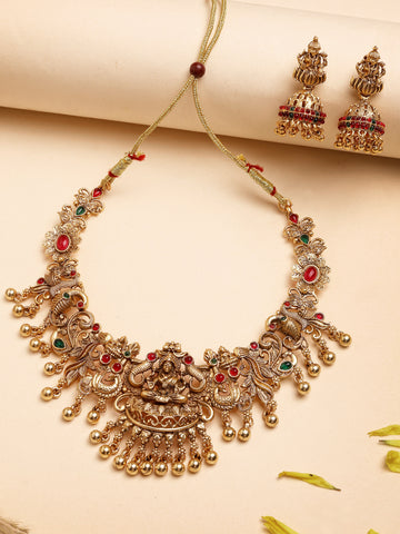 Karatcart Exquisite Gold-Plated Temple Jewellery Set with Goddess Lakshmi Motif & Pearl Droplets for Women