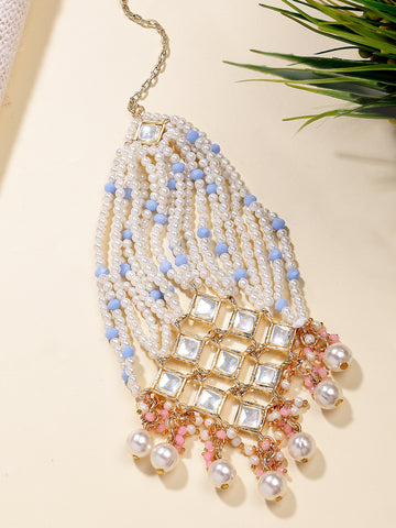 Karatcart Designer Blue Crystal and Pearl Beaded Kundan Passa for Women