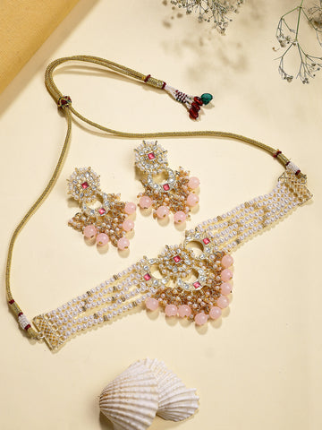 Karatcart Gold Plated Pink Beads Kundan Choker Necklace Set for Women