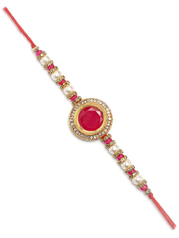 Karatcart Gold Plated Red Polki Kundan Bhiya Rakhi with Roli & Chawal