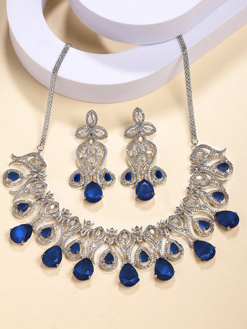 Karatcart Traditional Royal Design Blue American Diamond Necklace Set for Women