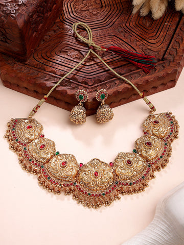 Karatcart Gold Plated Peacock Design Red and Green Temple Jewellery Set for Women
