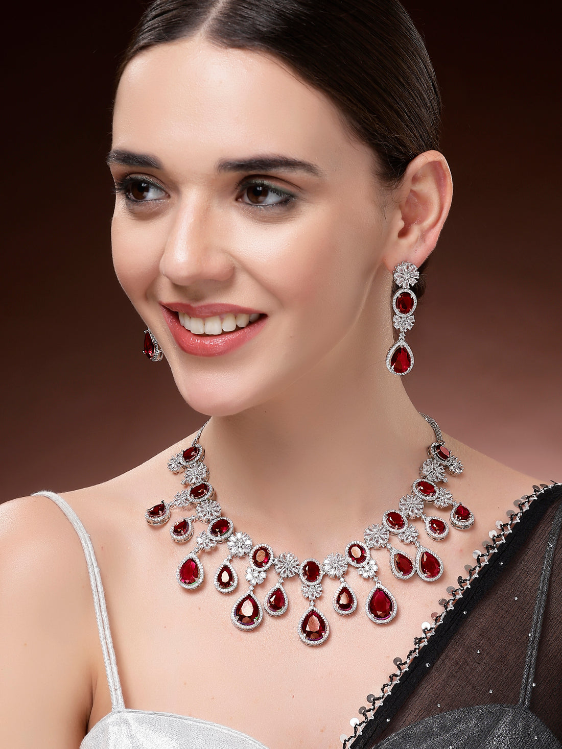 Karatcart Dazzling Silver Plated Red Drop American Diamond Necklace Set for Women