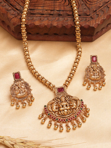 Karatcart Red Stone Gold Plated Laxmi Mata Engraved Long Temple Necklace Set for Women