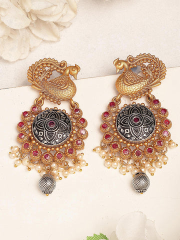 Karatcart Antique Gold Plated Peacock Motif Designer Earrings with Ruby and Pearl Detailing for Women
