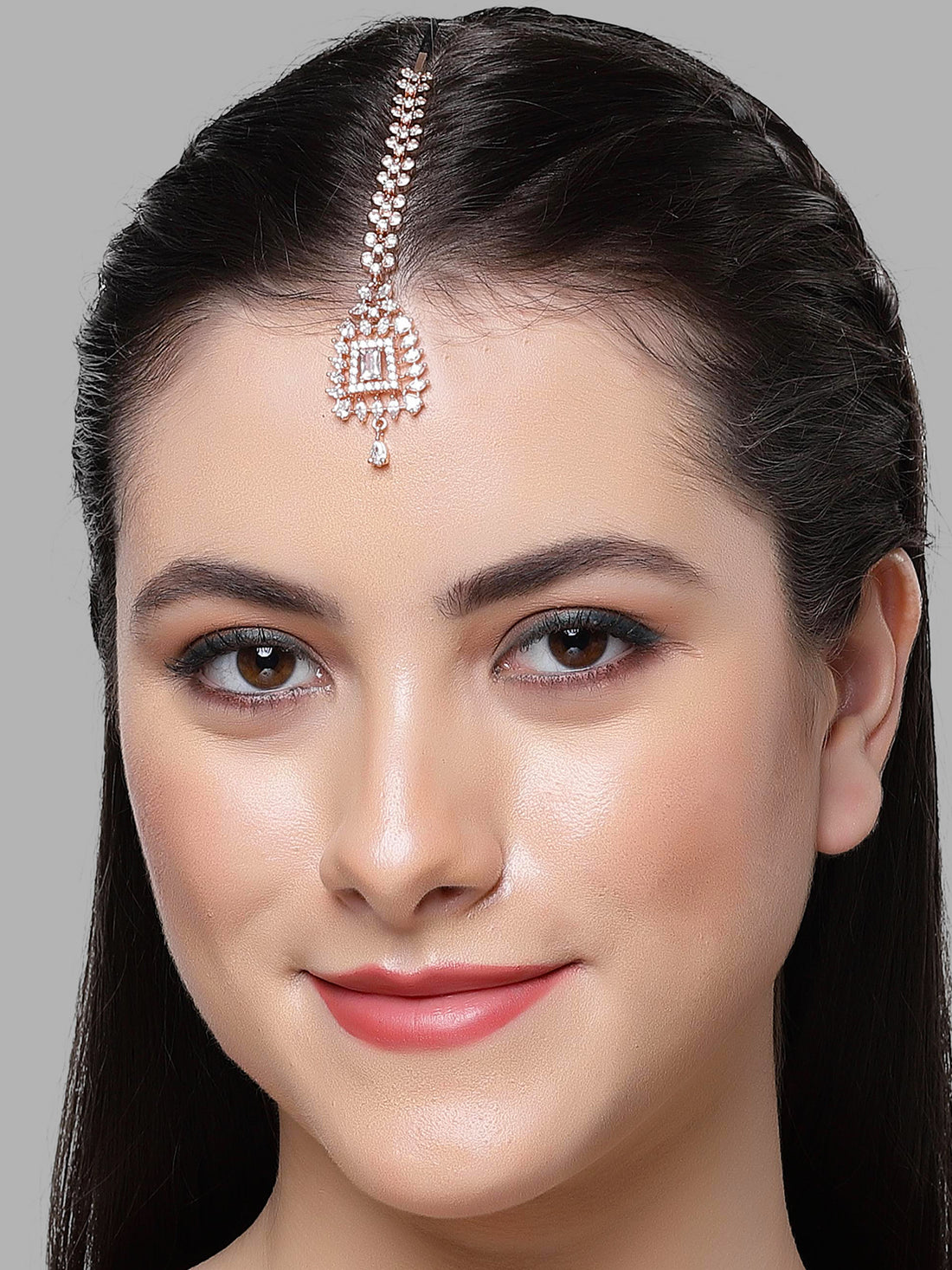 Karatcart Rose Gold Plated Square Design American Diamond Studded Maangtikka for Women