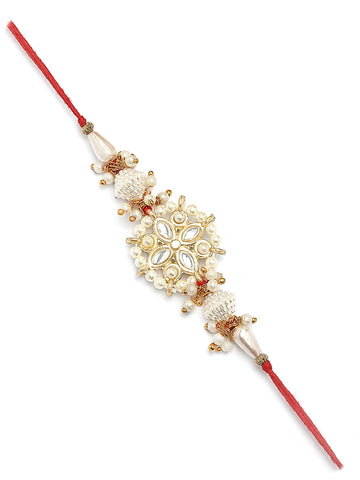 Karatcart Gold Plated White Meena and Pearl Floral Kundan Bhiya Rakhi with Roli & Chawal
