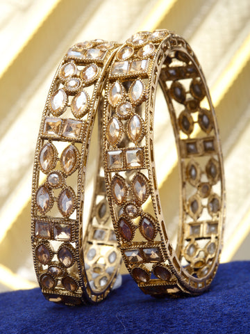 Karatcart Antique Gold Plated Set of 2 Kundan Studded Bangles for Women