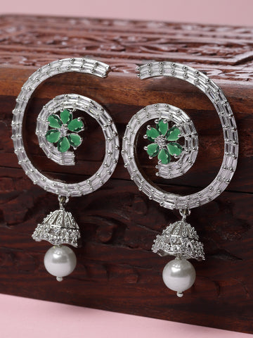 Karatcart Designer Silver Plated Green American Diamond Dangler Earrings for Women