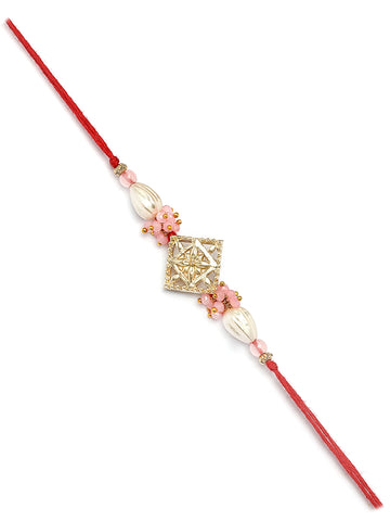 Karatcart Gold Plated Pink Crystal and Pearl Kundan Bhiya Rakhi with Roli & Chawal