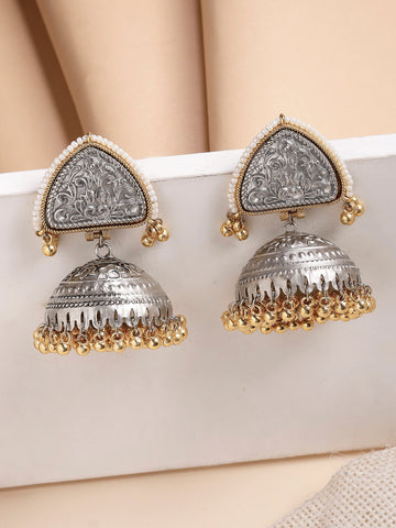 Karatcart Elegant Oxidized Silver-Plated Engraved Triangle Top Jhumka Earrings with Golden Beads