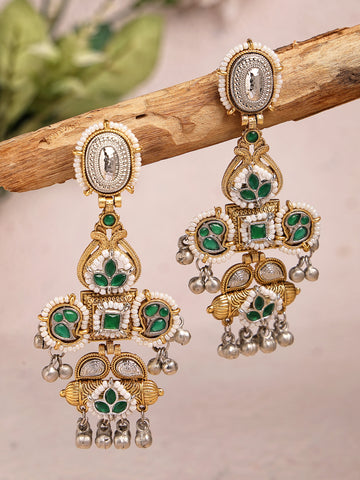 Karatcart Designer Silver and Gold Plated Green Stone Dangler Earrings for Women
