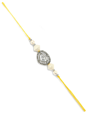 Karatcart White Beads Black Polki Kundan Bhiya Rakhi with Roli & Chawal