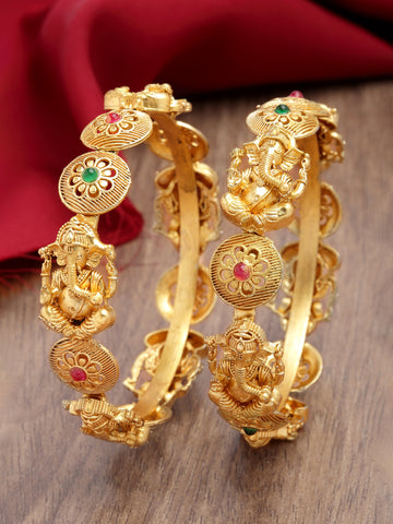 Karatcart Gold Plated Lord Ganesha Set of 2 Temple Bangles Set for Women