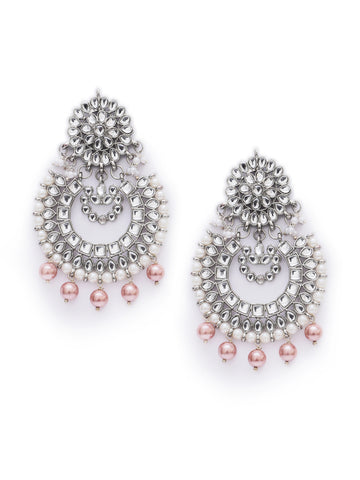 Karatcart Rose Gold Pearl Oxidised Drop Kundan Chandbali Earrings