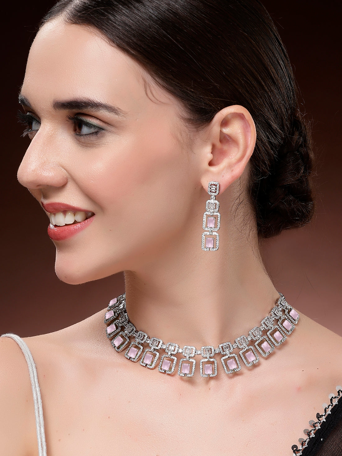Karatcart Dazzling Silver Plated Pink Square American Diamond Necklace Set for Women