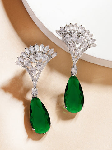 Karatcart Silver Plated Green American Diamond Drop Earrings for Women