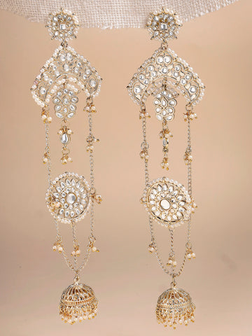 Karatcart Traditional Gold-Plated Kashmiri Kundan Long Drop Earrings with Jhumki Design for Women