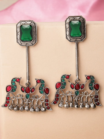 Karatcart Oxidised Silver Green Stone Peacock Design Dangler Earrings for Women