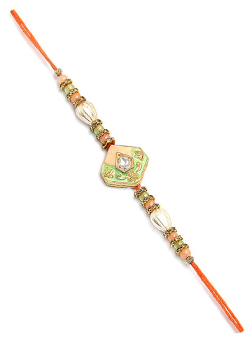Karatcart Gold Plated Lime Green and Peach Enamel Kundan Bhiya Bhabhi Rakhi with Roli & Chawal