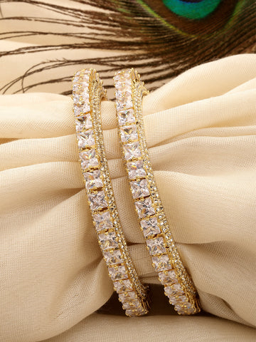 Karatcart Set of 2 Gold Plated Square American Diamond Studded Bangles for Women