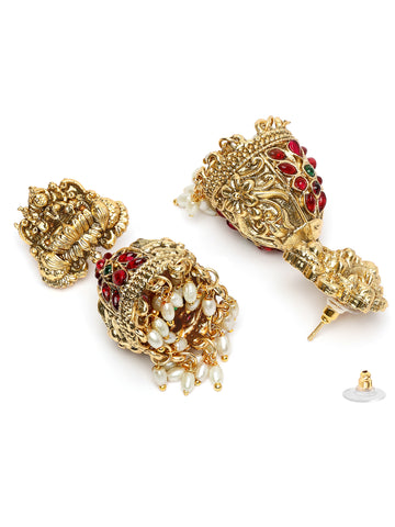 Karatcart Elegant Red Stone Gold Plated Laxmi Mata Design Jhumki Earrings for Women