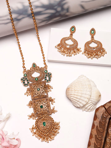 Karatcart Antique Gold Plated Green Stone Pendant Set for Women
