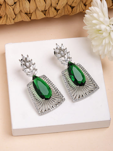 Karatcart Designer Silver-Toned Green Teardrop American Diamond Drop Earrings for Women