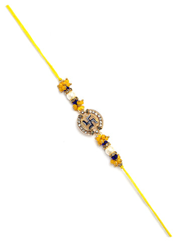 Karatcart Set of 2 Peacock and Swastik Design Enamel Kundan Rakhi for Brother with Roli & Chawal