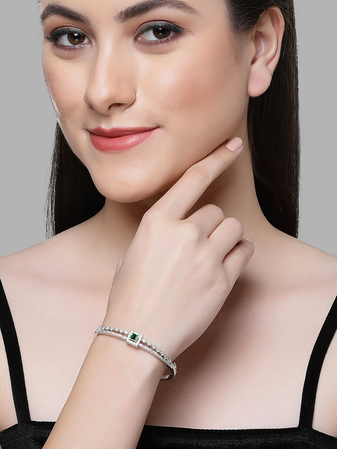 Karatcart Silver Plated Green Cubic Zirconia Bangle Style Bracelet for Women