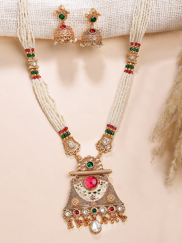 KARATCART Designer Gold-Plated Red Kundan Rani Haar Necklace Set for Women