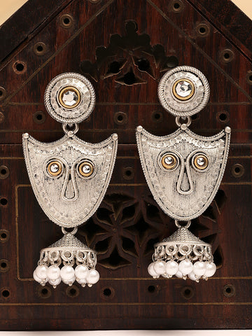 Karatcart Antique Silver Plated Tribal Shield Design Drop Earrings for Women